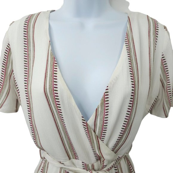 Sadie And Sage Striped Romper Size S Tie Belt Back Zip Lined Deep V Neck - Picture 13 of 16